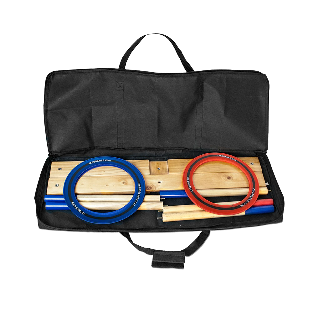Portable carrying case opened to display disassembled wooden frame and posts with six tossing rings in red and blue, part of Toys, Books & Games and Lawn Games collections.