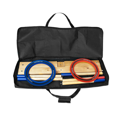 Portable carrying case opened to display disassembled wooden frame and posts with six tossing rings in red and blue, part of Toys, Books & Games and Lawn Games collections.
