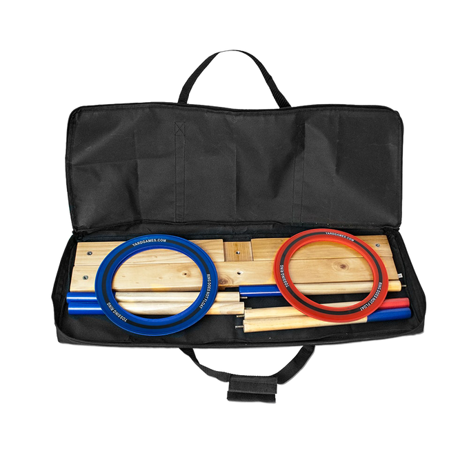 Portable carrying case opened to display disassembled wooden frame and posts with six tossing rings in red and blue, part of Toys, Books & Games and Lawn Games collections.
