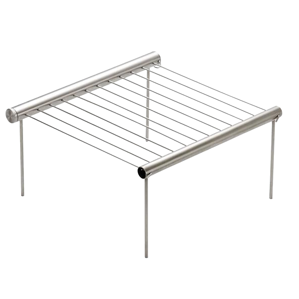 Compact stainless steel portable grill with foldable legs and parallel grilling rods, designed for quick setup and easy cleaning, ideal for camping and outdoor grilling.