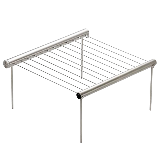 Compact stainless steel portable grill with foldable legs and parallel grilling rods, designed for quick setup and easy cleaning, ideal for camping and outdoor grilling.