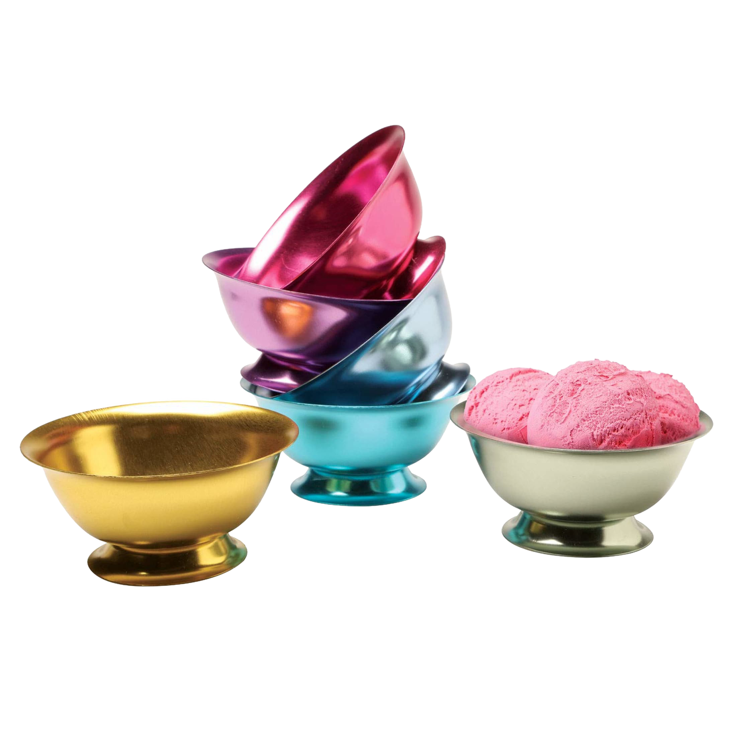Set of six handcrafted aluminum ice cream bowls in blue, bright blue, green, gold, pink, and purple, ideal for Kitchen & Food, Dinnerware, and Specialty Equipment collections.