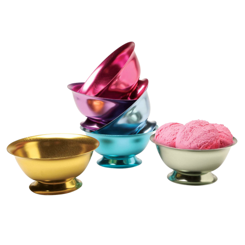 Set of six handcrafted aluminum ice cream bowls in blue, bright blue, green, gold, pink, and purple, ideal for Kitchen & Food, Dinnerware, and Specialty Equipment collections.