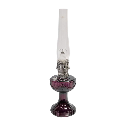 Handcrafted oil lamp with a purple Lincoln Drape glass base, clear tall chimney, and detailed brass burner, suitable for Farm, Garden & Tool, Lamps & Lighting, Oil Lamps, Table Lamps, Best Sellers, Homesteading, and Promo Eligible collections.
