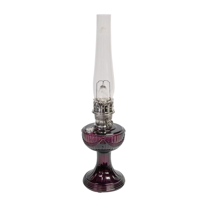 Handcrafted oil lamp with a purple Lincoln Drape glass base, clear tall chimney, and detailed brass burner, suitable for Farm, Garden & Tool, Lamps & Lighting, Oil Lamps, Table Lamps, Best Sellers, Homesteading, and Promo Eligible collections.