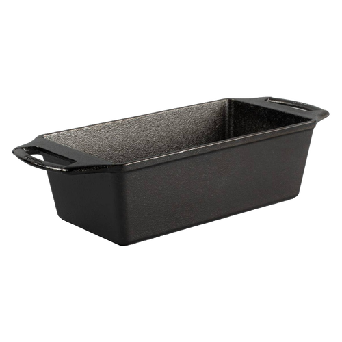 Rectangular cast iron loaf pan with dual handles, seasoned for even heat retention, handcrafted in USA, suitable for baking bread and included in Kitchen & Food and Cast Iron collections.