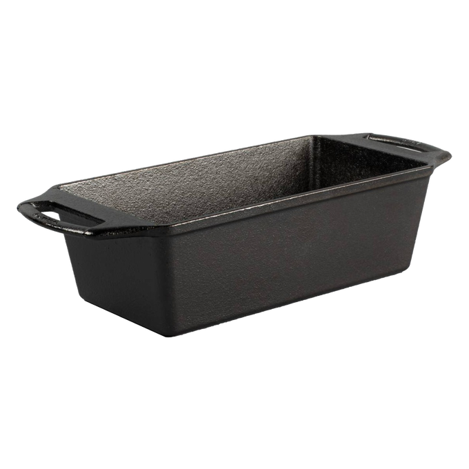 Rectangular cast iron loaf pan with dual handles, seasoned for even heat retention, handcrafted in USA, suitable for baking bread and included in Kitchen & Food and Cast Iron collections.
