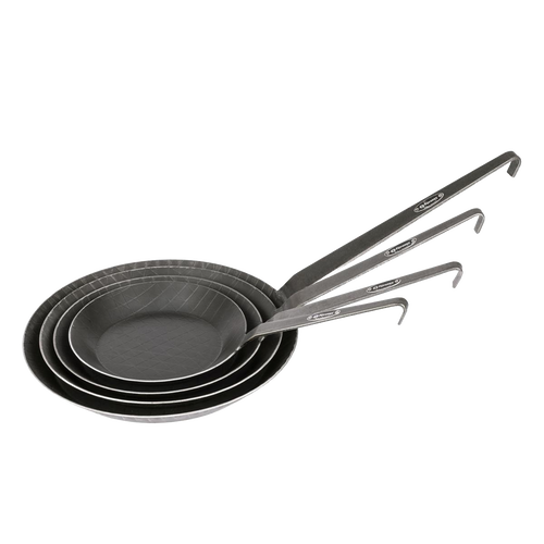Stack of four handcrafted wrought iron pans with long handles, showcasing durable construction ideal for cooking indoors or outdoors in Farm, Garden & Tool, Kitchen & Food, Camping, Cookware, Pots and Pans, Best Sellers, and Promo Eligible collections.