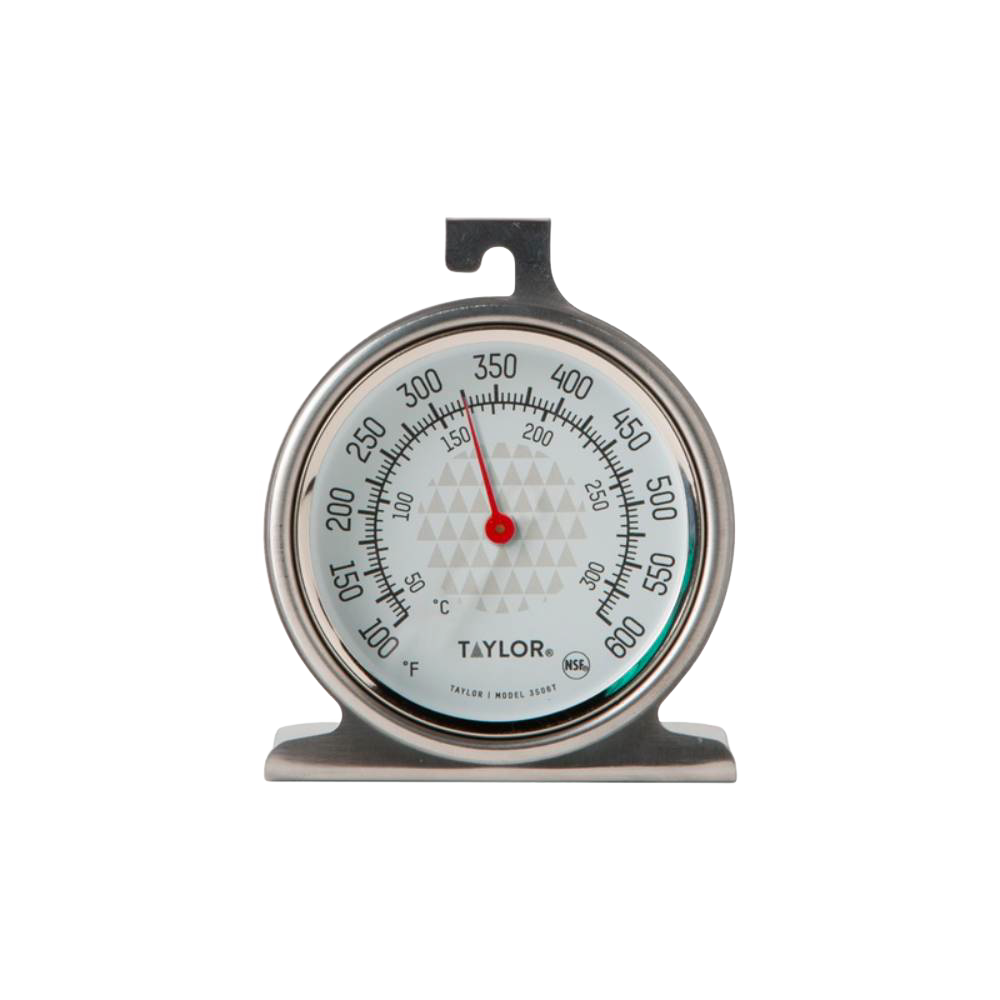 Round stainless steel oven thermometer with clear black and red temperature markings in Fahrenheit and Celsius, designed for accurate cooking and baking temperature checks in Kitchen & Food collections.