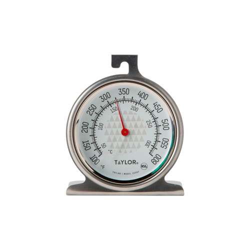Round stainless steel oven thermometer with clear black and red temperature markings in Fahrenheit and Celsius, designed for accurate cooking and baking temperature checks in Kitchen & Food collections.