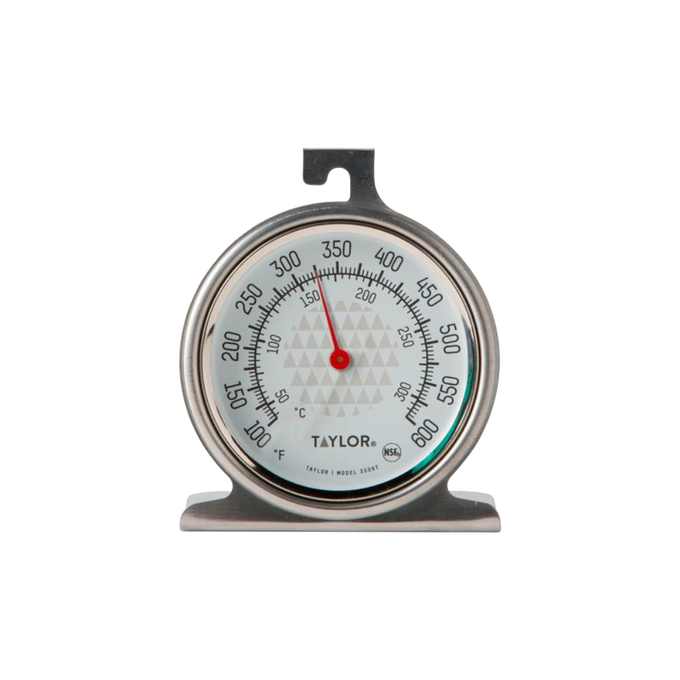 Round stainless steel oven thermometer with clear black and red temperature markings in Fahrenheit and Celsius, designed for accurate cooking and baking temperature checks in Kitchen & Food collections.