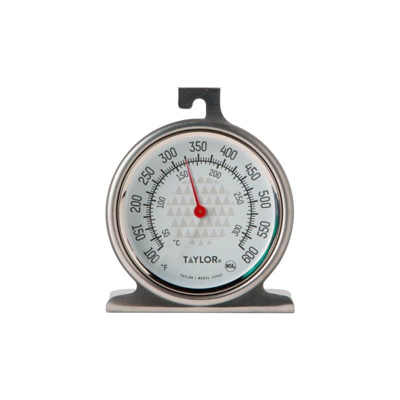 Round stainless steel oven thermometer with clear black and red temperature markings in Fahrenheit and Celsius, designed for accurate cooking and baking temperature checks in Kitchen & Food collections.
