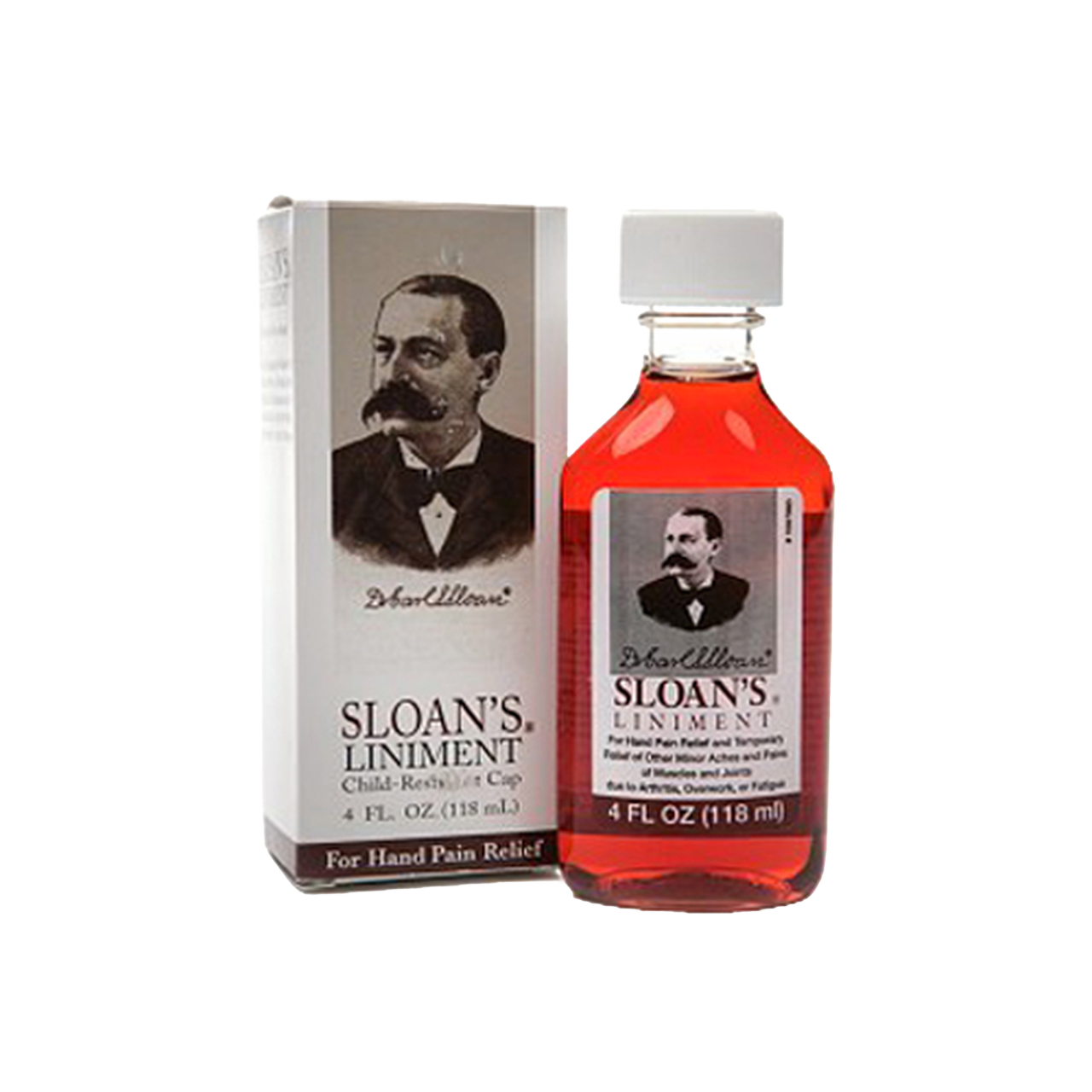 Handcrafted 4 fl oz bottle of Sloan's Liniment with child-resistant cap and vintage label, soothing hand pain and muscle aches, made in USA, featured in Health & Wellness, Health Remedies, Best Sellers, and Promo Eligible collections.