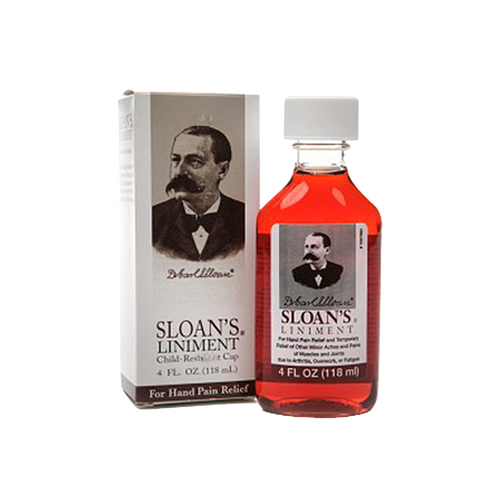 Handcrafted 4 fl oz bottle of Sloan's Liniment with child-resistant cap and vintage label, soothing hand pain and muscle aches, made in USA, featured in Health & Wellness, Health Remedies, Best Sellers, and Promo Eligible collections.