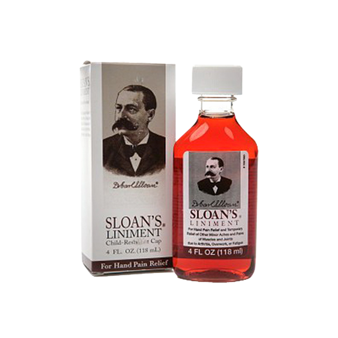 Handcrafted 4 fl oz bottle of Sloan's Liniment with child-resistant cap and vintage label, soothing hand pain and muscle aches, made in USA, featured in Health & Wellness, Health Remedies, Best Sellers, and Promo Eligible collections.