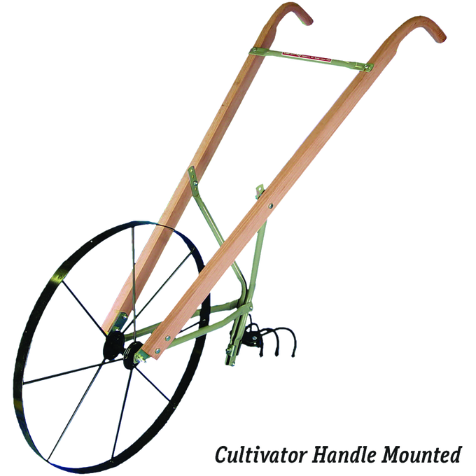 Handcrafted Amish made hardwood plow and cultivator handles attached to a green metal frame with a large spoked wheel, featured in Farm, Garden & Tool, Digging and Cultivating, Best Sellers, and Promo Eligible collections.