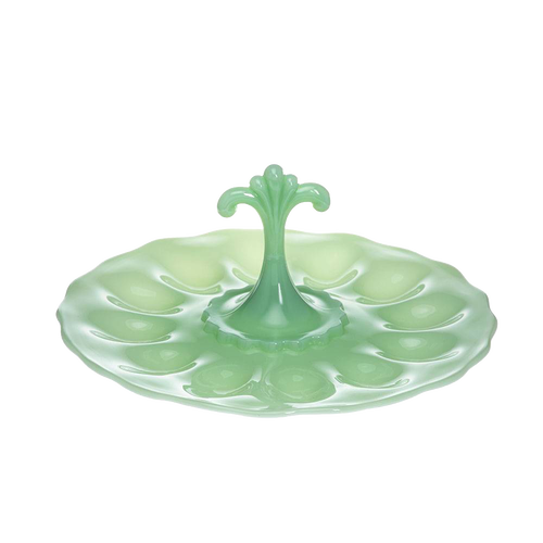 Unique handcrafted milk glass egg plate in soft green with an elegant central handle, ideal for Kitchen & Food, Storage and Serving, USA Made, Best Sellers, and Promo Eligible collections.