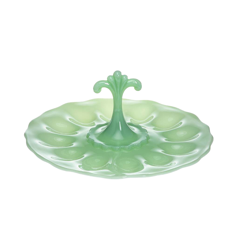 Unique handcrafted milk glass egg plate in soft green with an elegant central handle, ideal for Kitchen & Food, Storage and Serving, USA Made, Best Sellers, and Promo Eligible collections.