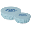 Two reusable light blue fabric bowl covers with elastic edges and "yay leftovers" printed on top, designed to keep food fresh in Kitchen & Food, Storage and Serving collections.
