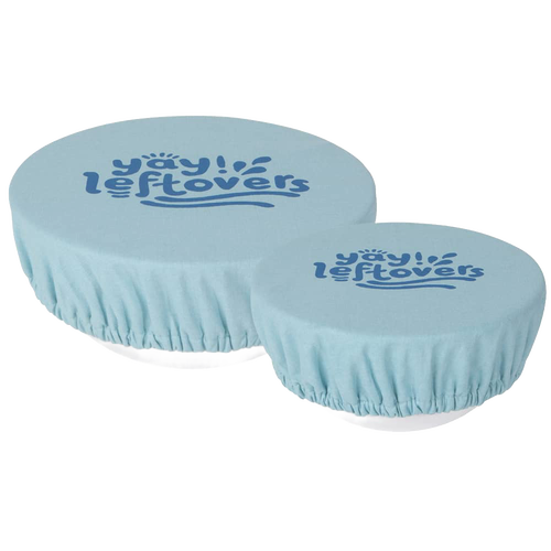 Two reusable light blue fabric bowl covers with elastic edges and "yay leftovers" printed on top, designed to keep food fresh in Kitchen & Food, Storage and Serving collections.