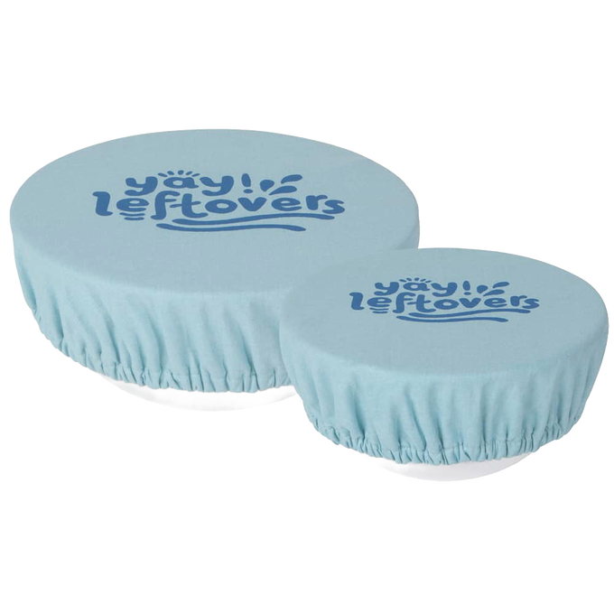 Two reusable light blue fabric bowl covers with elastic edges and "yay leftovers" printed on top, designed to keep food fresh in Kitchen & Food, Storage and Serving collections.