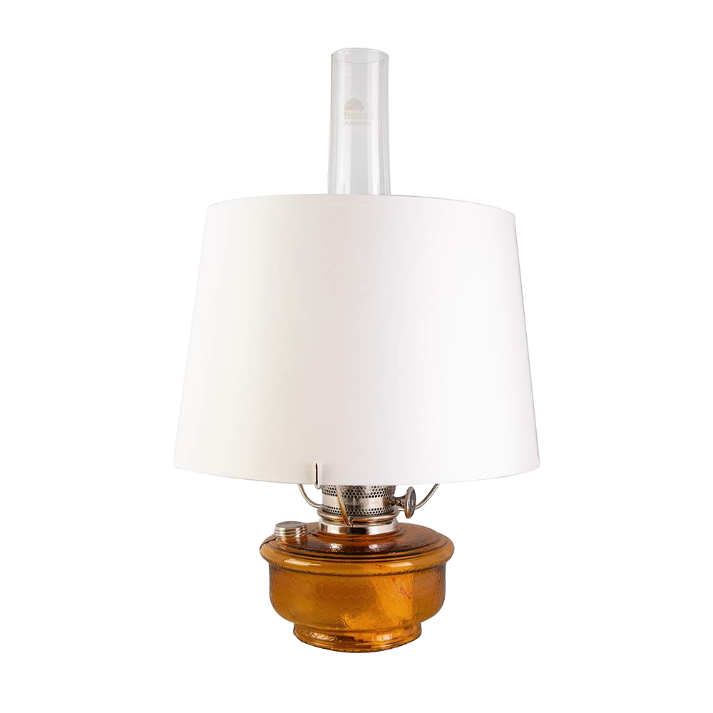 Amber glass oil lamp with white parchment shade and chimney, featuring a bright English-made wick, ideal for Farm, Garden & Tool, Lamps & Lighting, Emergency Supplies, and Best Sellers collections.