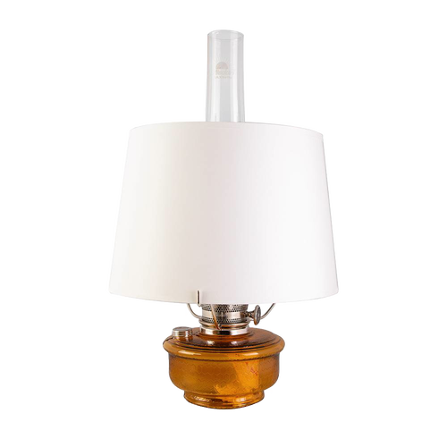 Amber glass oil lamp with white parchment shade and chimney, featuring a bright English-made wick, ideal for Farm, Garden & Tool, Lamps & Lighting, Emergency Supplies, and Best Sellers collections.