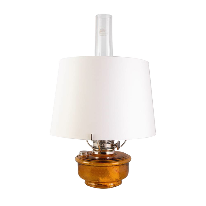 Amber glass oil lamp with white parchment shade and chimney, featuring a bright English-made wick, ideal for Farm, Garden & Tool, Lamps & Lighting, Emergency Supplies, and Best Sellers collections.
