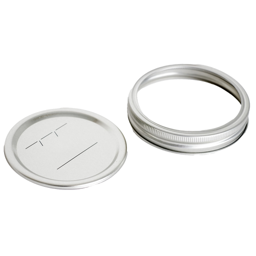 Wide-mouth metal lid and matching silver screw band with BPA-free sealing compound, ideal for Kitchen & Food, Food Preservation, Canning, Canning Jar Lids and Bands, and Best Sellers collections.