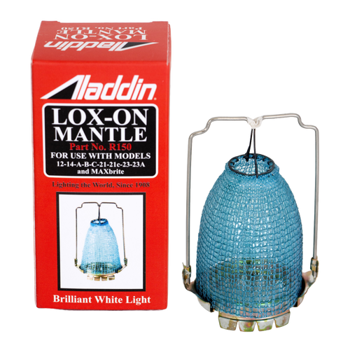 Red and black packaged Aladdin Lox-On Mantle with blue flame net and metal frame, designed as a replacement part for lamps, featured in Lamps & Lighting and Best Sellers collections.