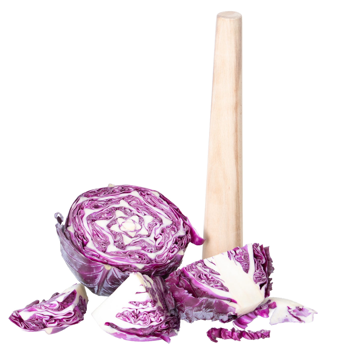 Handcrafted wooden dual-sided stomper standing upright beside fresh purple cabbage wedges, ideal for pressing and fermenting in Kitchen & Food, Food Preservation, and Fermenting collections.