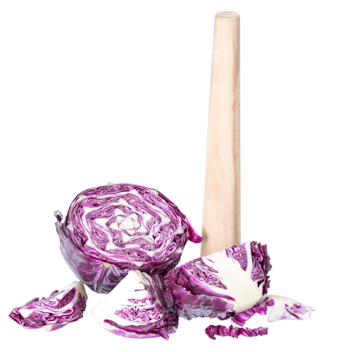 Handcrafted wooden dual-sided stomper standing upright beside fresh purple cabbage wedges, ideal for pressing and fermenting in Kitchen & Food, Food Preservation, and Fermenting collections.