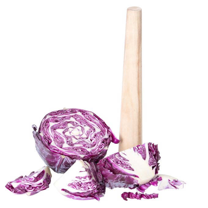 Handcrafted wooden dual-sided stomper standing upright beside fresh purple cabbage wedges, ideal for pressing and fermenting in Kitchen & Food, Food Preservation, and Fermenting collections.