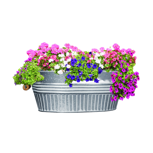 Galvanized metal basin planter with wooden-grip handles, filled with vibrant pink, purple, and white flowers, featured in Farm, Garden & Tool and Garden Accessories collections.