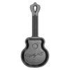 Handcrafted cast iron miniature skillet shaped like a guitar with embossed signature, made in USA, perfect for Kitchen & Food, Cookware, Cast Iron, and Best Sellers collections.