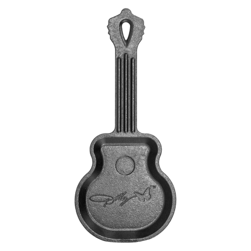Handcrafted cast iron miniature skillet shaped like a guitar with embossed signature, made in USA, perfect for Kitchen & Food, Cookware, Cast Iron, and Best Sellers collections.