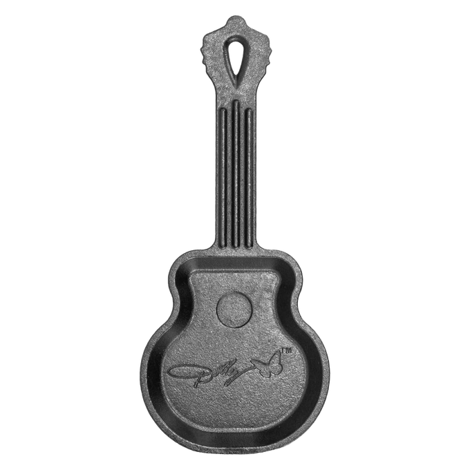 Handcrafted cast iron miniature skillet shaped like a guitar with embossed signature, made in USA, perfect for Kitchen & Food, Cookware, Cast Iron, and Best Sellers collections.