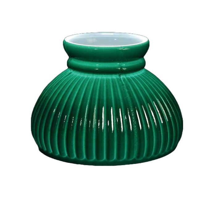 Handcrafted American-made green ribbed glass lamp shade with a smooth, sprayed dark green finish, designed for oil lamps, featured in Lamps & Lighting and Lamp Shades collections.