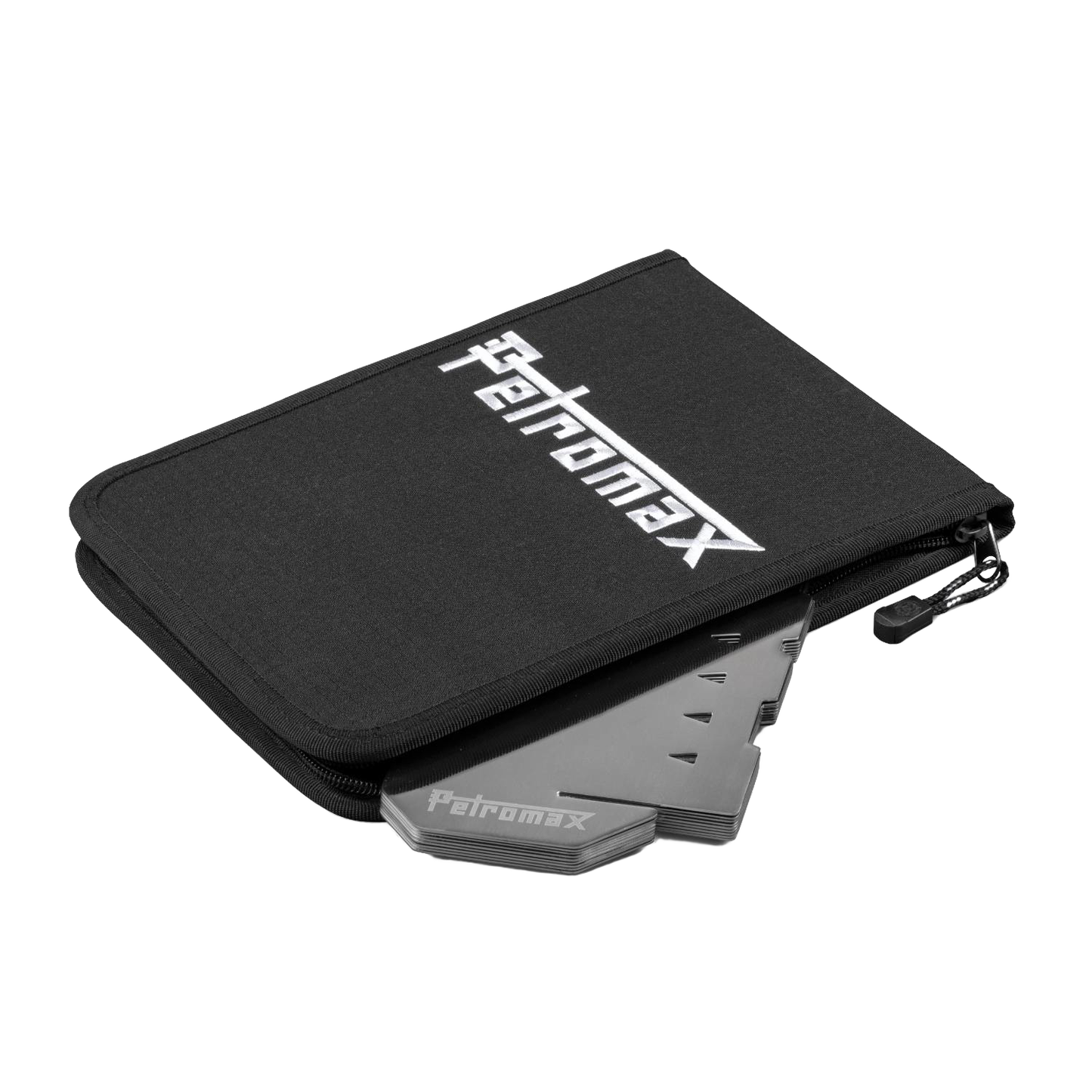 Compact black zippered fabric pouch with branded logo, containing sturdy metal pieces for wind protection, suitable for outdoor cooking in Farm, Garden & Tool, Camping, Best Sellers, and Promo Eligible collections.