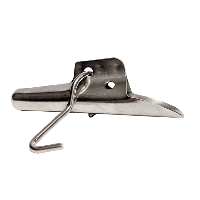 Heavy-duty stainless steel bucket spile with attached hook for hanging collection buckets during tree tapping, designed for durability and multiple seasons of use in Farm, Garden & Tool, Orchard and Grove, Maple Syrup Sugaring Supplies, Best Sellers, and Promo Eligible collections.