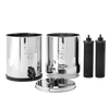 Polished stainless steel water filtration system with two black purification elements and removable lid, designed for homesteading, farm, garden, and appliances collections.