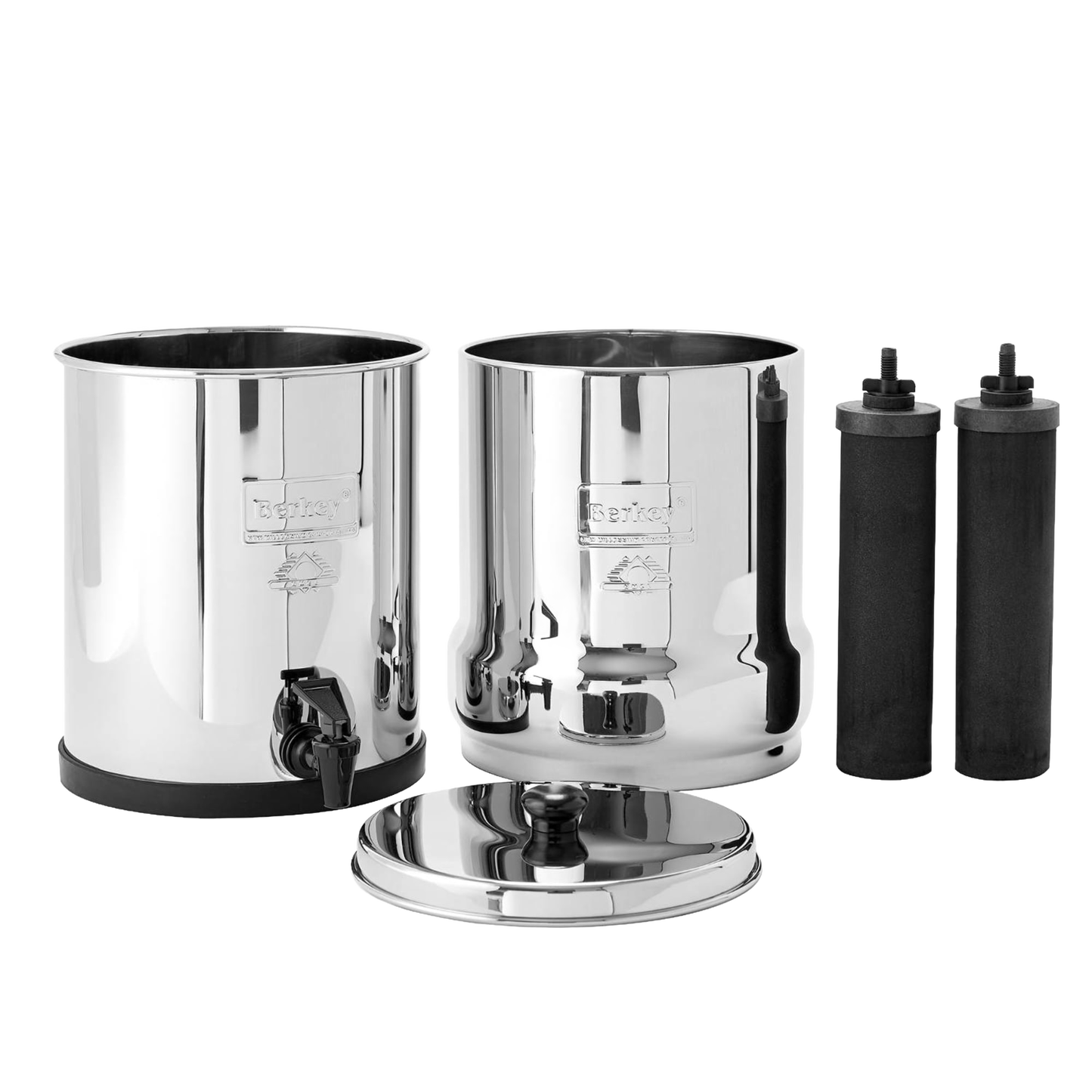 Polished stainless steel water filtration system with two black purification elements and removable lid, designed for homesteading, farm, garden, and appliances collections.