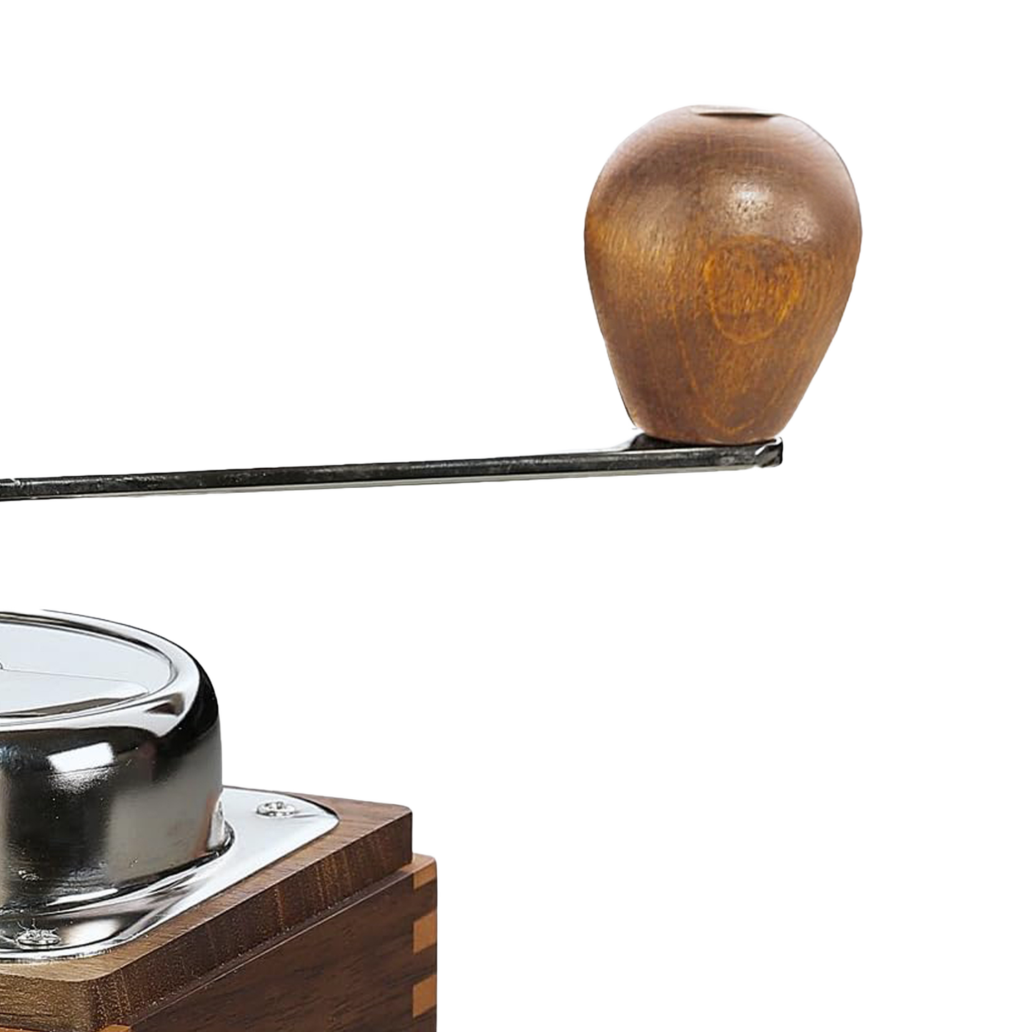 Close-up of the handcrafted wooden handle and top crank mechanism of a high-quality coffee mill, perfect for Farm, Garden & Tool, Kitchen & Food, Brewing Coffee and Tea, and Best Sellers collections.