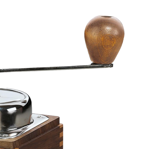 Close-up of the handcrafted wooden handle and top crank mechanism of a high-quality coffee mill, perfect for Farm, Garden & Tool, Kitchen & Food, Brewing Coffee and Tea, and Best Sellers collections.