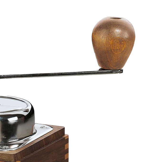 Close-up of the handcrafted wooden handle and top crank mechanism of a high-quality coffee mill, perfect for Farm, Garden & Tool, Kitchen & Food, Brewing Coffee and Tea, and Best Sellers collections.