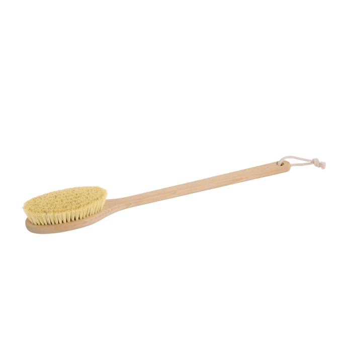 Long-handled bath brush with natural Tampico bristles and smooth oiled beechwood handle, designed for firm exfoliation and invigorating skin care, featured in Health & Wellness, Grooming and Personal Hygiene, Best Sellers, and Promo Eligible collections.