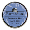 Round tin of farmhouse furniture wax with lavender scent, featuring a blue label with vintage farmhouse illustration, suitable for Home & Decor and Household Cleaning collections.