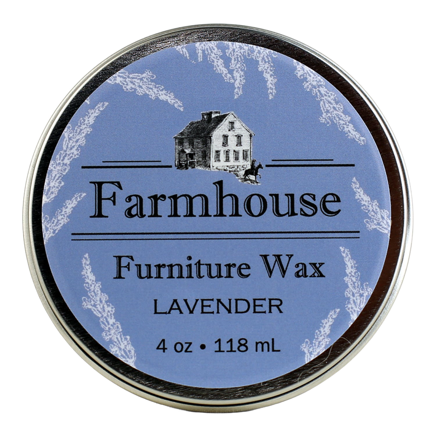 Round tin of farmhouse furniture wax with lavender scent, featuring a blue label with vintage farmhouse illustration, suitable for Home & Decor and Household Cleaning collections.