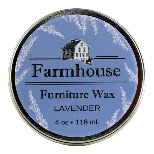 Round tin of farmhouse furniture wax with lavender scent, featuring a blue label with vintage farmhouse illustration, suitable for Home & Decor and Household Cleaning collections.