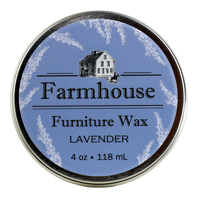 Round tin of farmhouse furniture wax with lavender scent, featuring a blue label with vintage farmhouse illustration, suitable for Home & Decor and Household Cleaning collections.